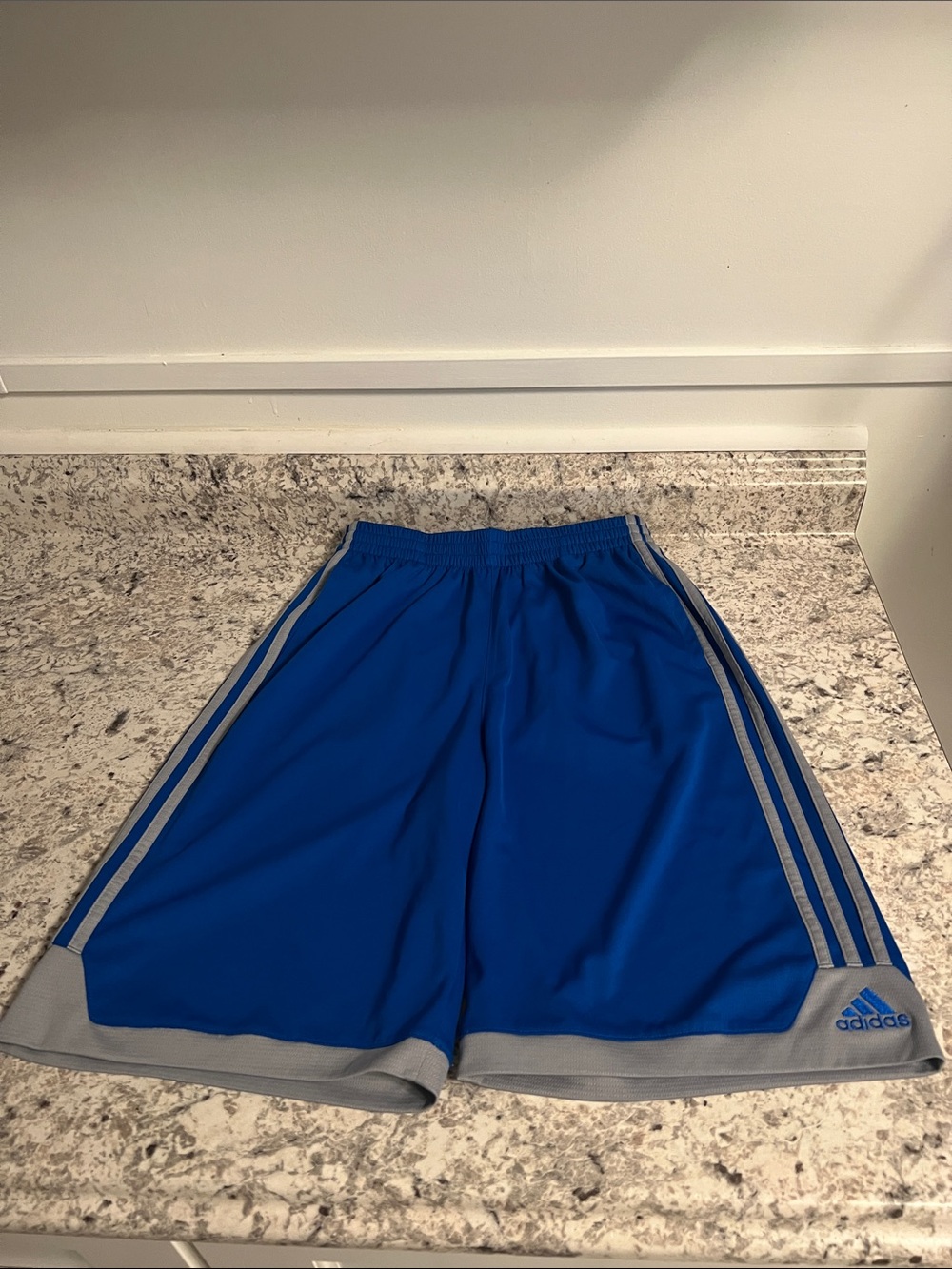 adidas Long Blue Athletic Shorts with Gray Trim